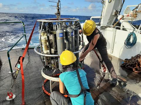 The rosette onboard the RV Alis used for water sampling